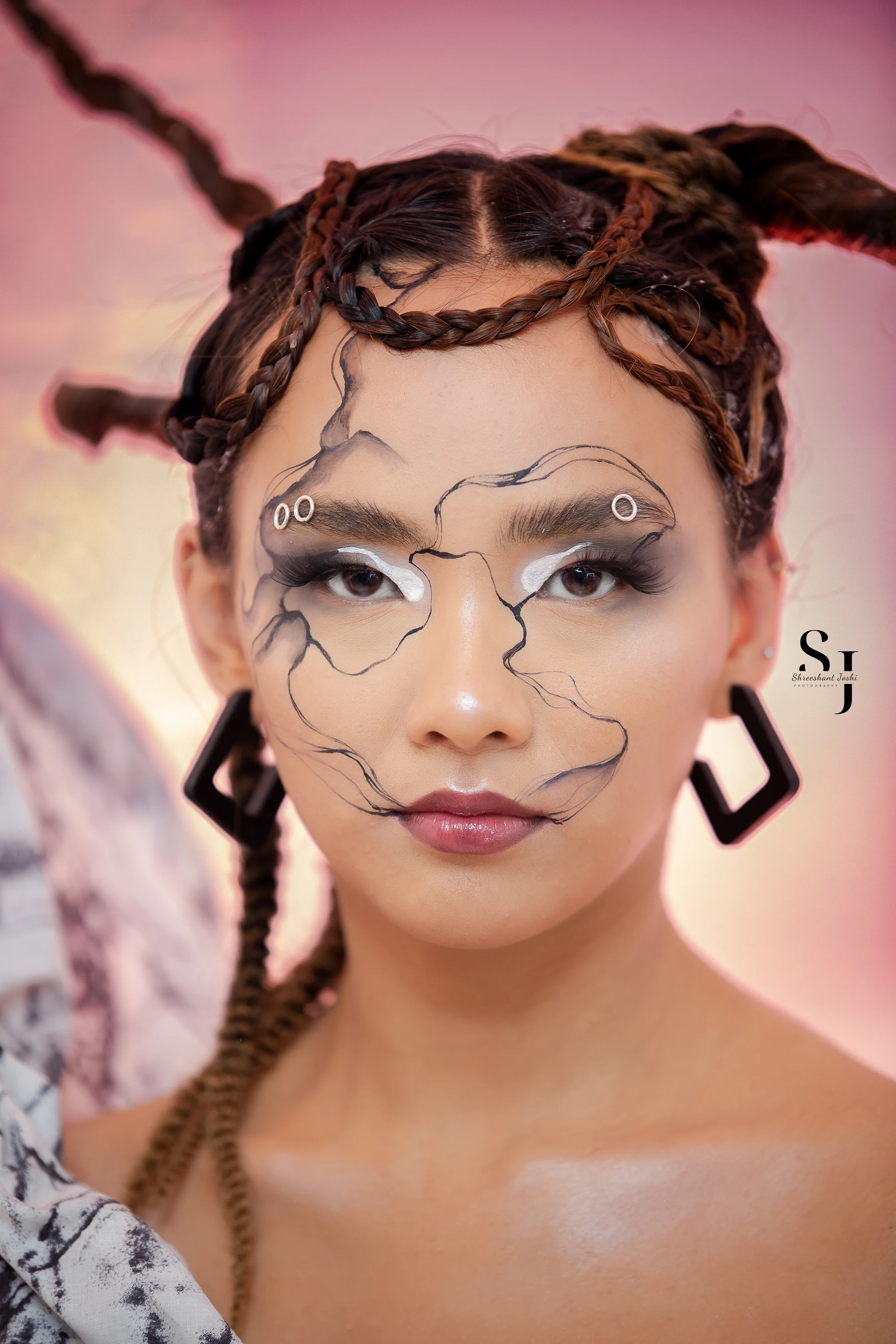 Graphic beauty portrait with hand-drawn line work