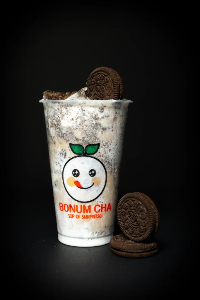 Bonum Cha drink photographed with a dark cookie-and-cream treatment