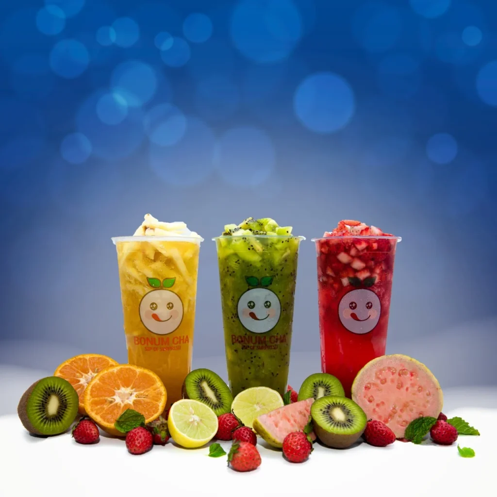 Three colourful Bonum Cha drinks photographed for a digital campaign
