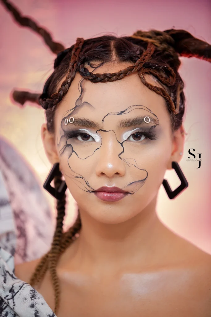 Beauty portrait with hand-drawn graphic line work